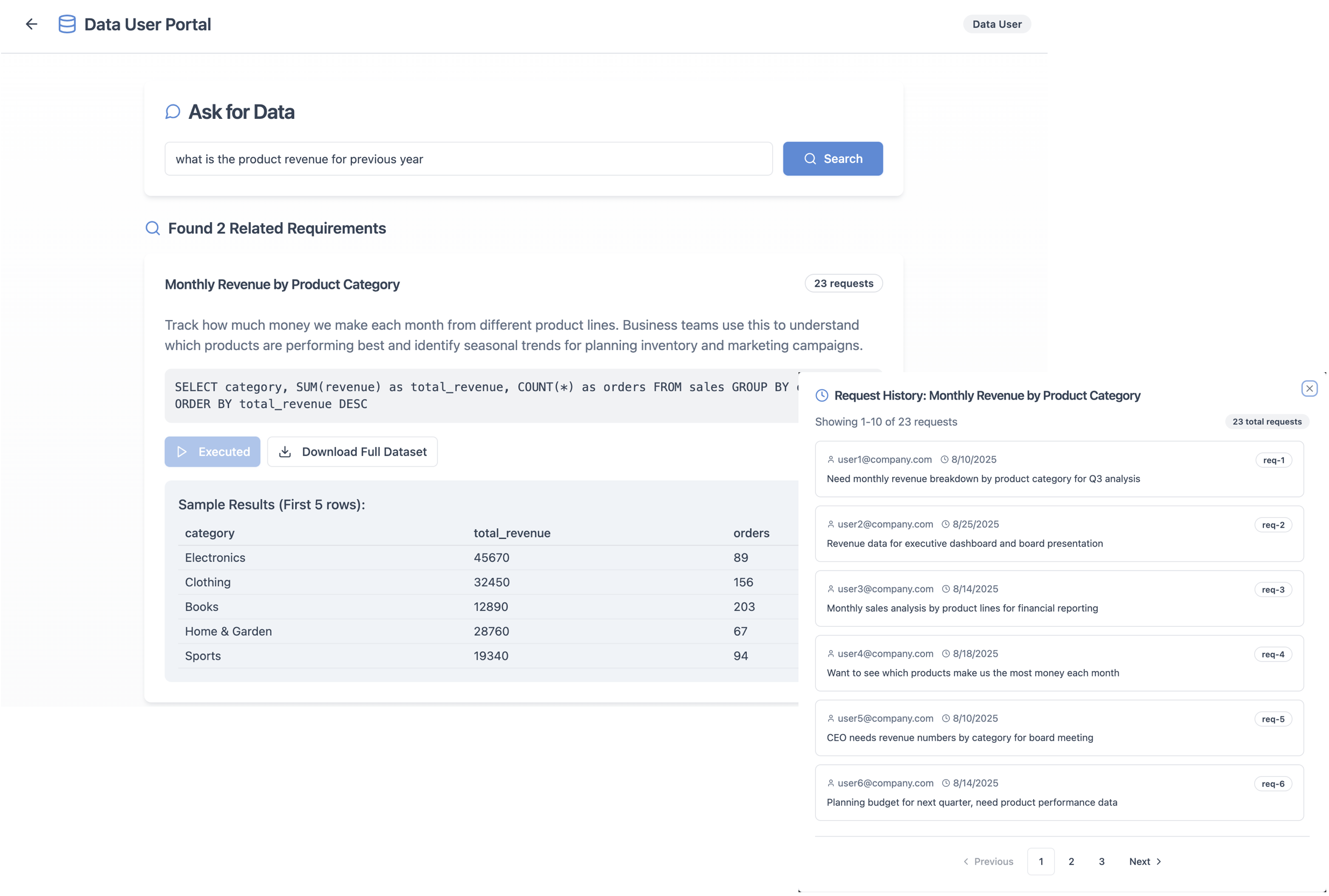 DataViaduct run semantic search against summarized business requirement to find most relevant SQL statements